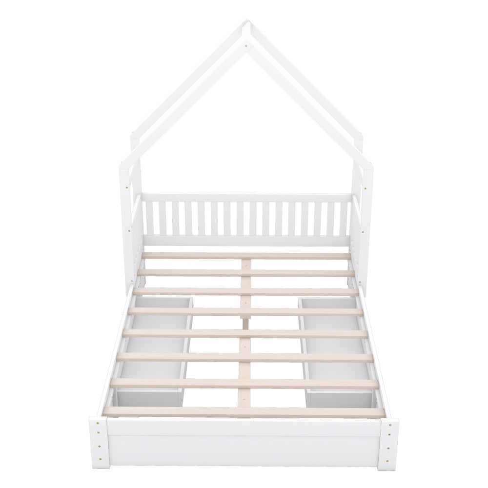 Wood Queen Size House Platform Bed with Guardrail and 2 Drawers, White