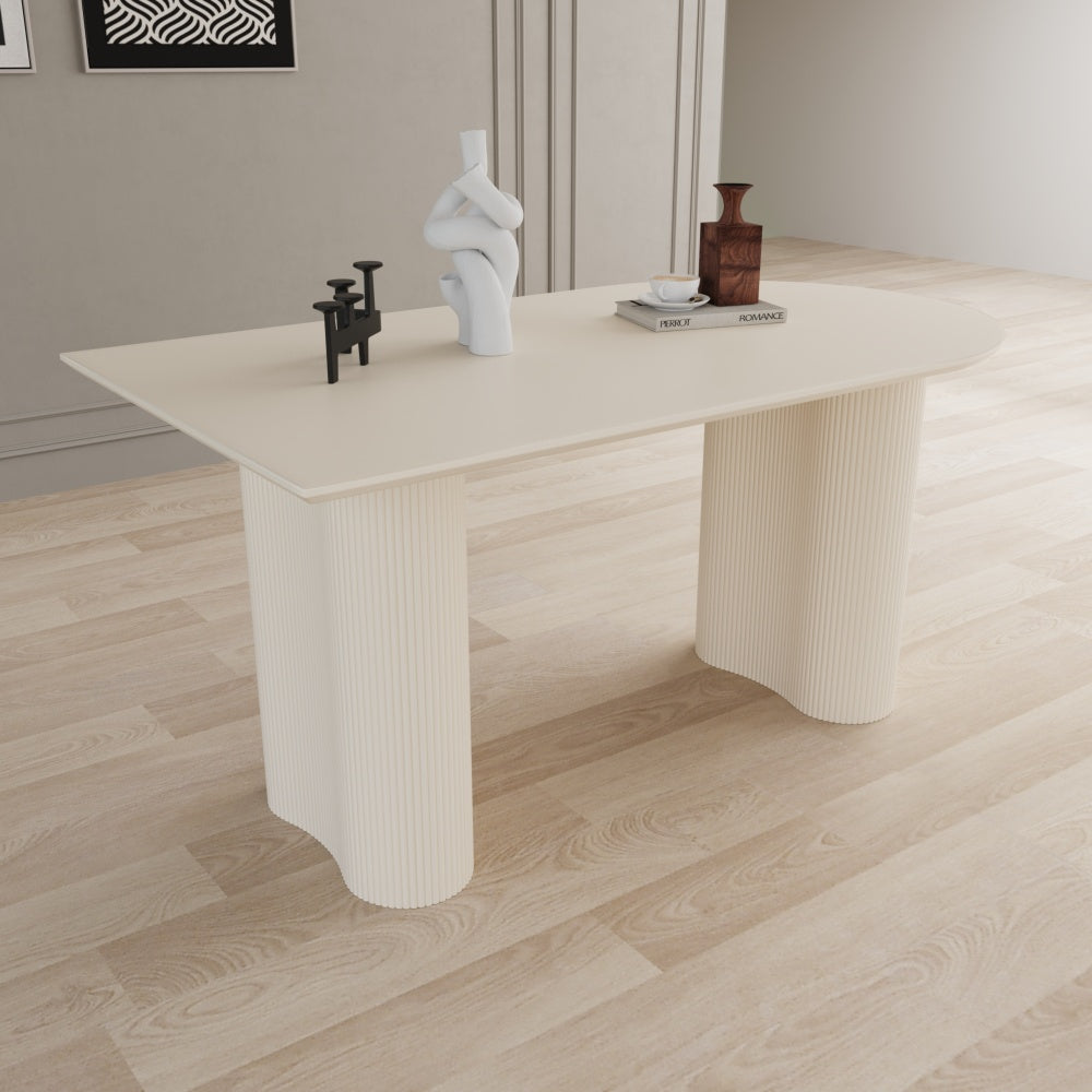 63 "Modern Fashion MDF New Cream Style Dining Table and Irregular Side Table, 4-8 Person Dining Table, Thick Engineering Wood Round Wave Table Legs, Home Kitchen Thick Elegant Cream White Table Top