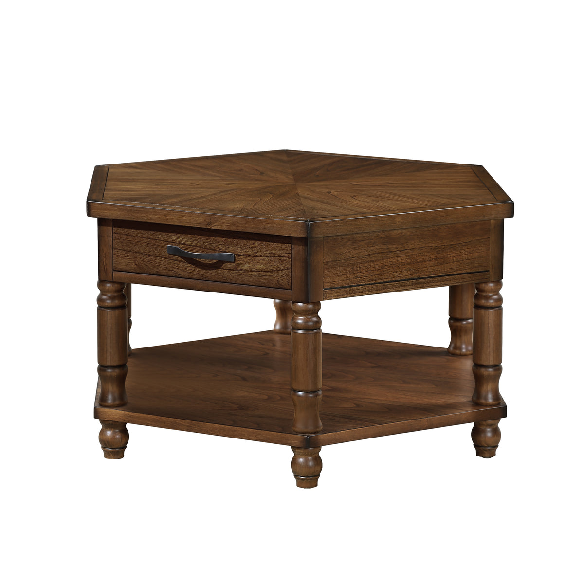 2 Tier Retro Hexagon Living Room Solid Wood Coffee Table with Shelf &amp; Drawer, 36'' Mid-Century Center Coffee Table for Living Room, Office. Cherry