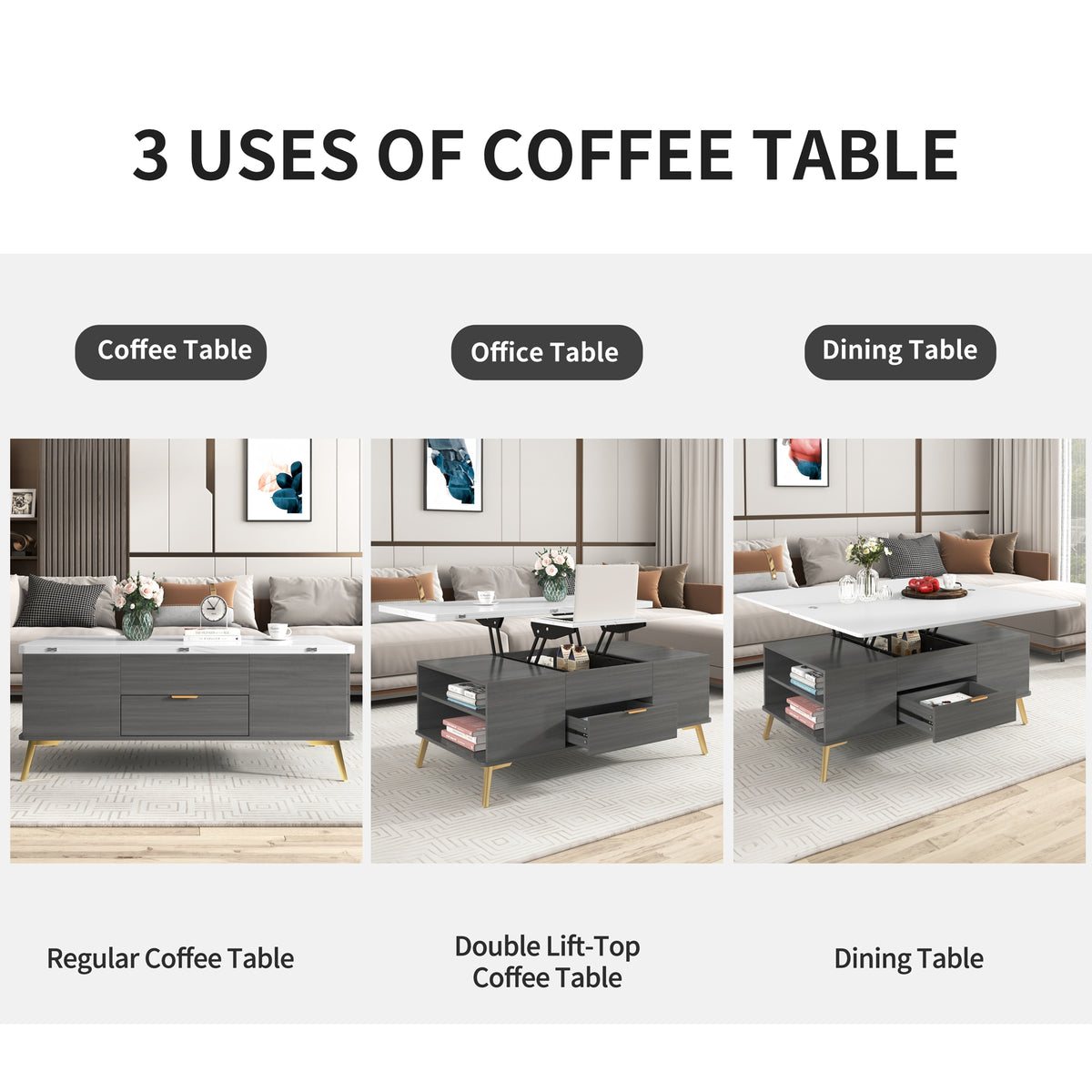 Modern Lift Top Coffee Table Multi Functional Table with Drawers in Gray &amp; White