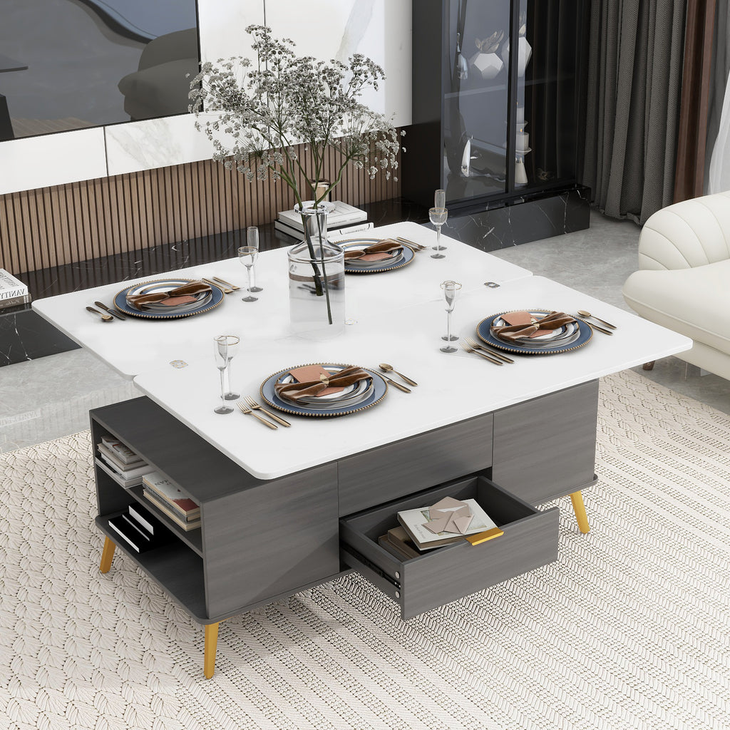 Modern Lift Top Coffee Table Multi Functional Table with Drawers in Gray &amp; White