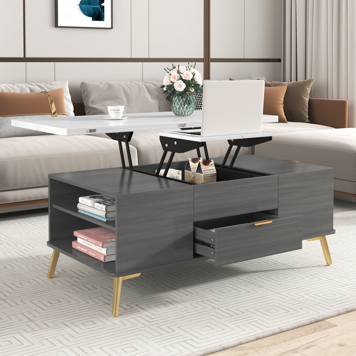 Modern Lift Top Coffee Table Multi Functional Table with Drawers in Gray &amp; White