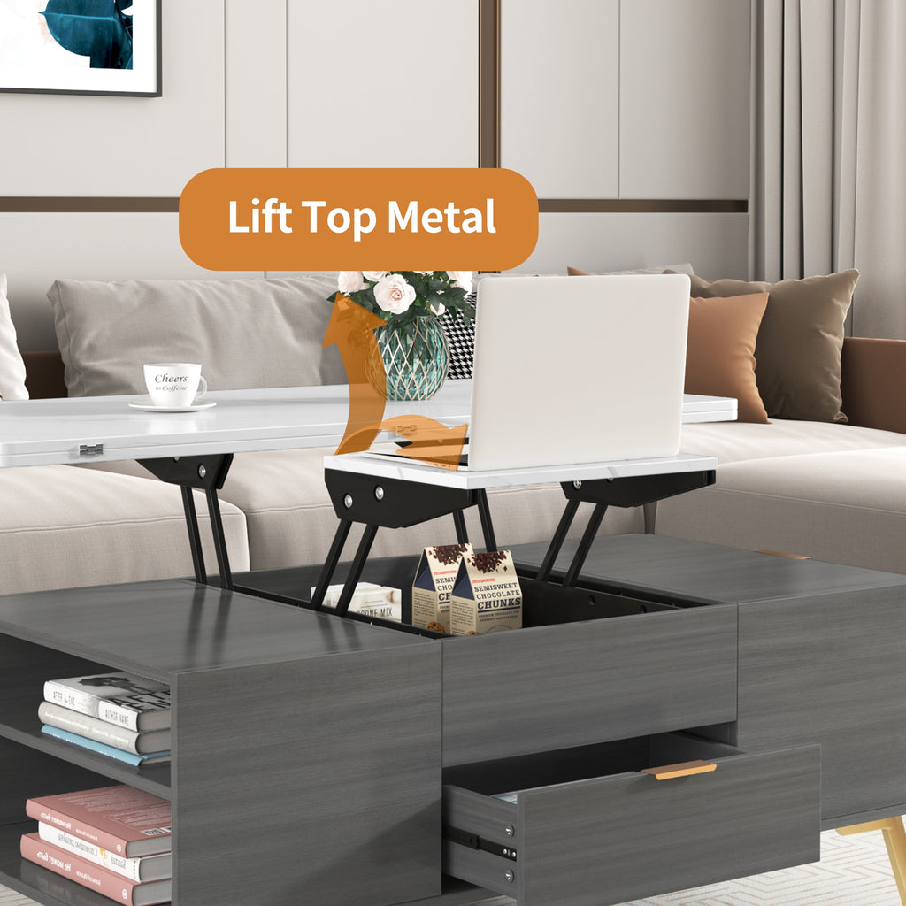 Modern Lift Top Coffee Table Multi Functional Table with Drawers in Gray &amp; White