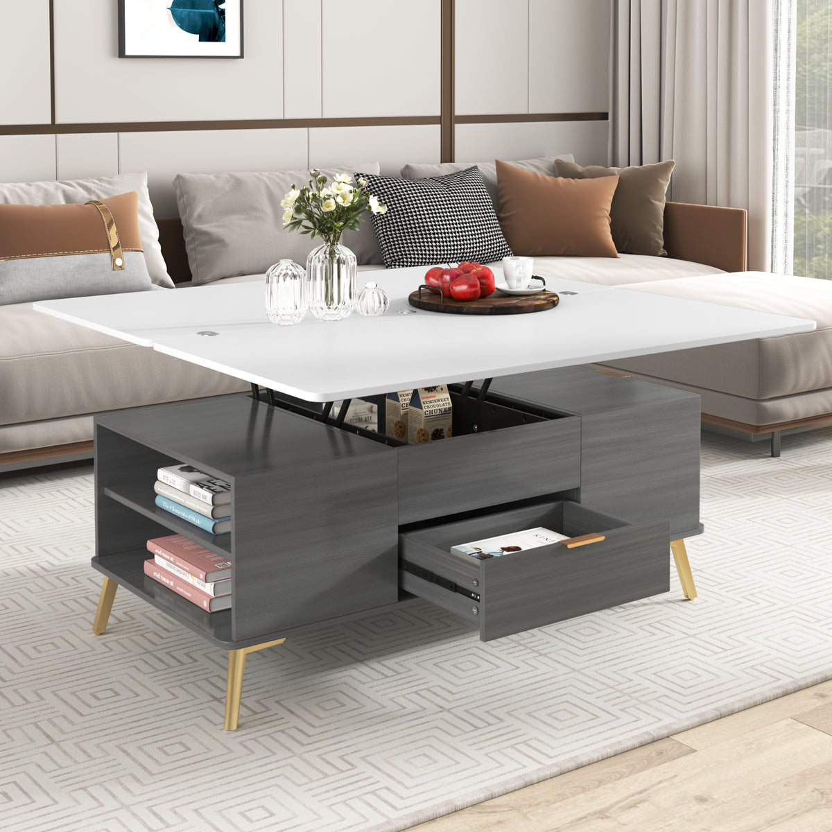Modern Lift Top Coffee Table Multi Functional Table with Drawers in Gray &amp; White