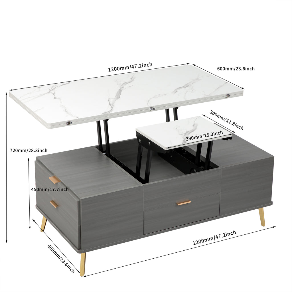 Modern Lift Top Coffee Table Multi Functional Table with Drawers in Gray &amp; White