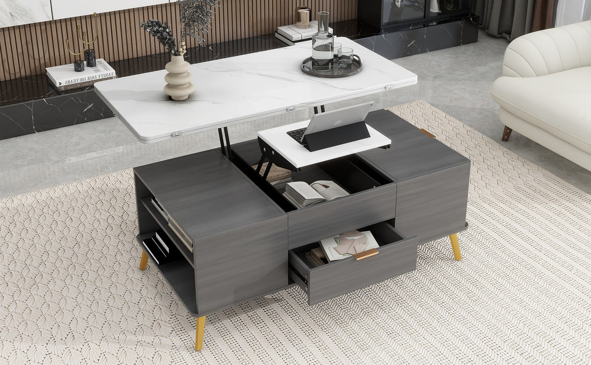 Modern Lift Top Coffee Table Multi Functional Table with Drawers in Gray &amp; White