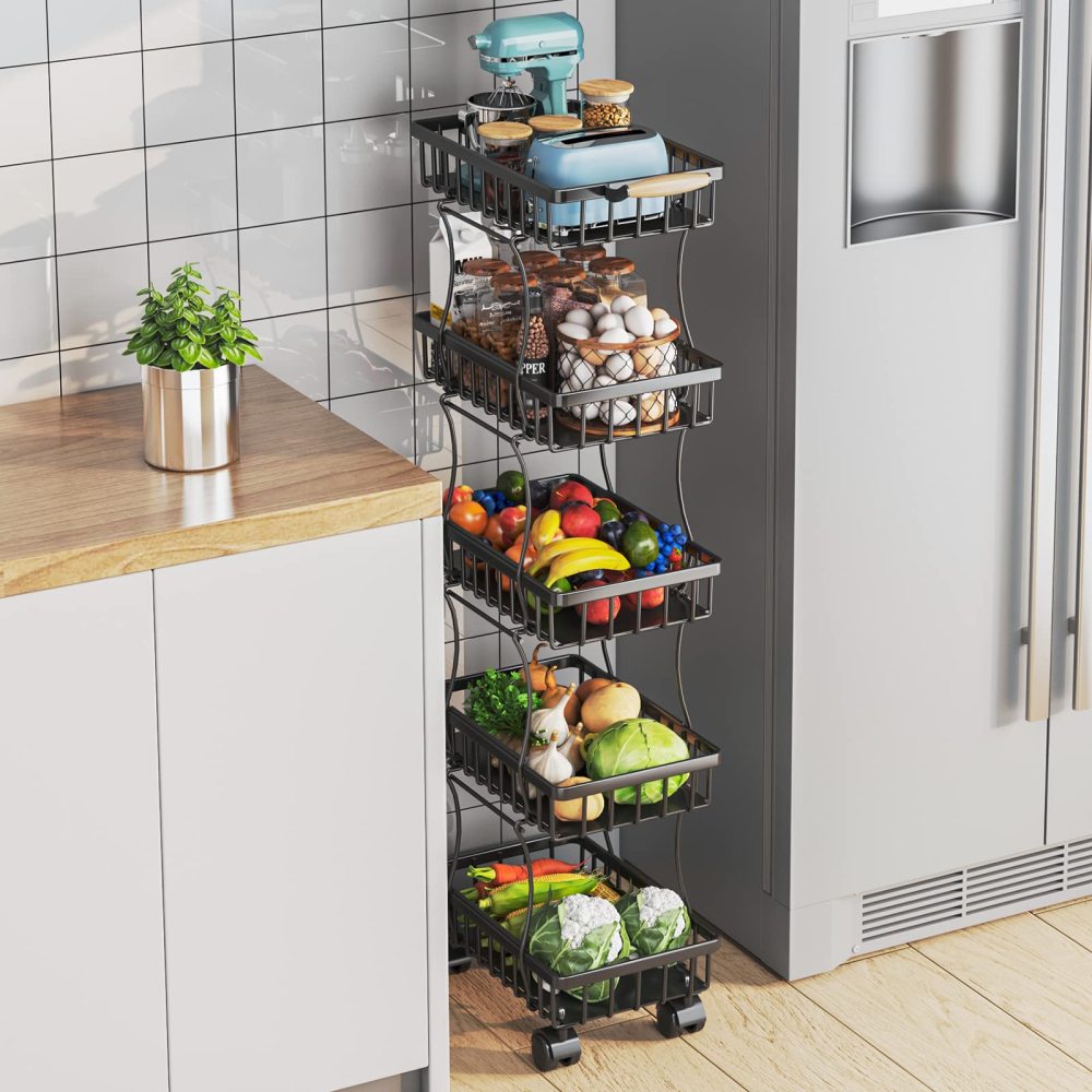 5 Tier Fruit Vegetable Basket for Kitchen, Fruit Vegetable Storage Cart, Vegetable Basket Bins, Wire Storage Basket Organizer Utility Cart with Wheels, Medium, Black