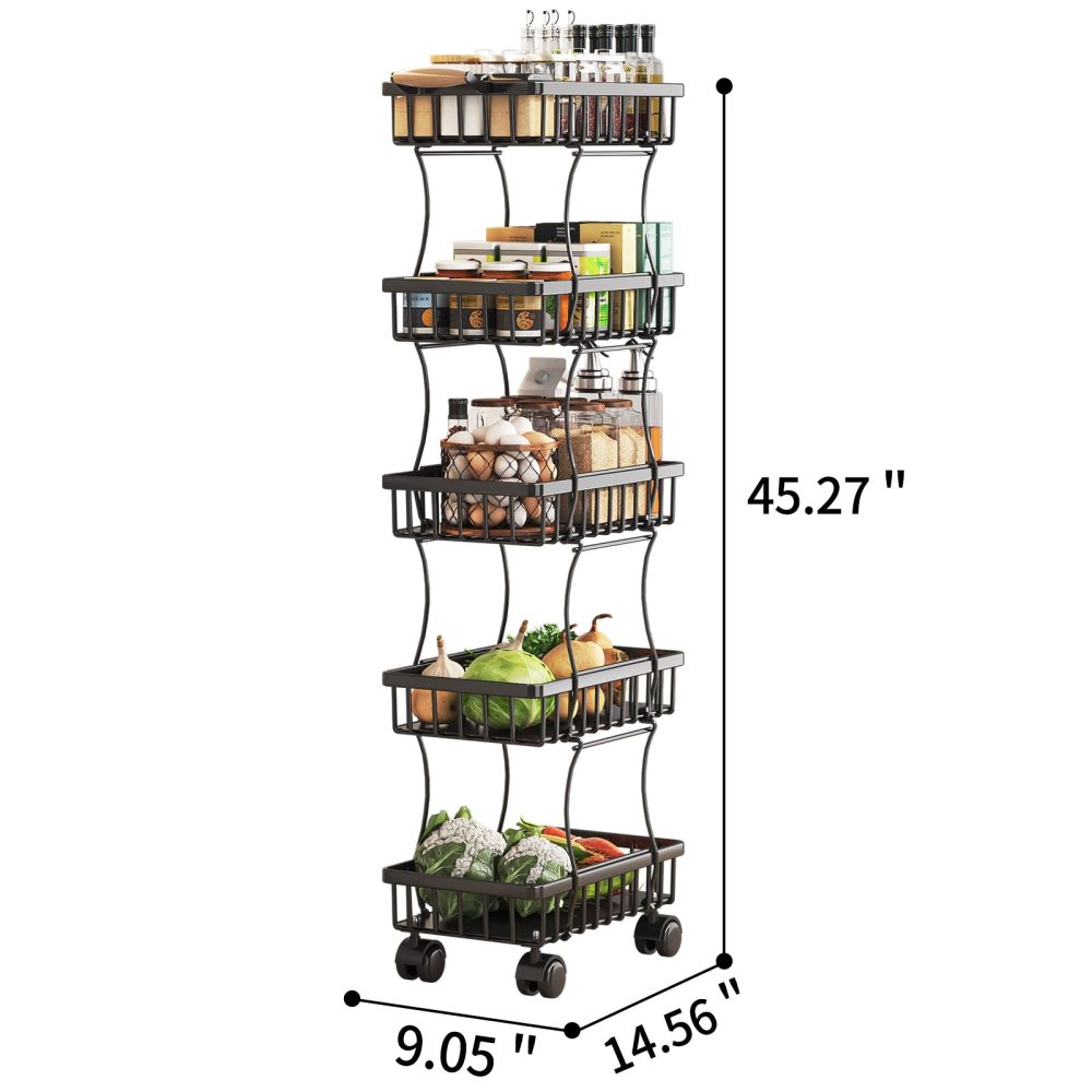 5 Tier Fruit Vegetable Basket for Kitchen, Fruit Vegetable Storage Cart, Vegetable Basket Bins, Wire Storage Basket Organizer Utility Cart with Wheels, Medium, Black