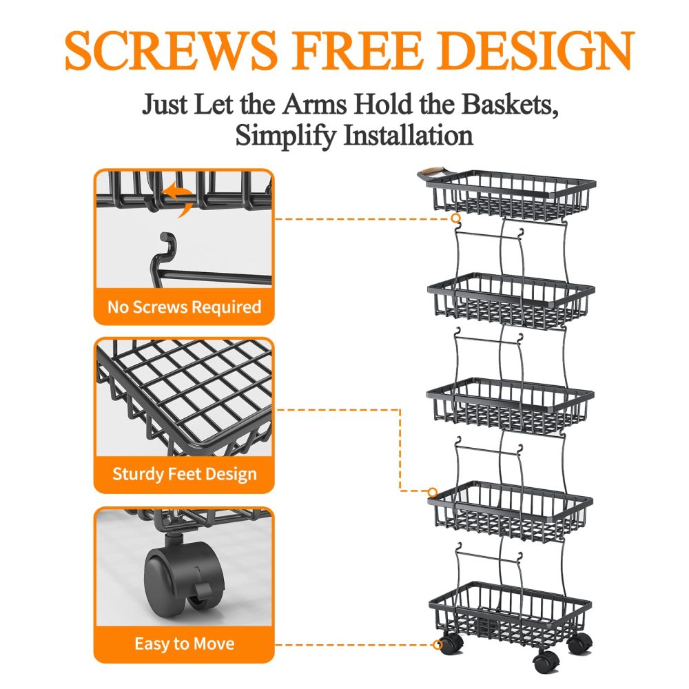 5 Tier Fruit Vegetable Basket for Kitchen, Fruit Vegetable Storage Cart, Vegetable Basket Bins, Wire Storage Basket Organizer Utility Cart with Wheels, Medium, Black