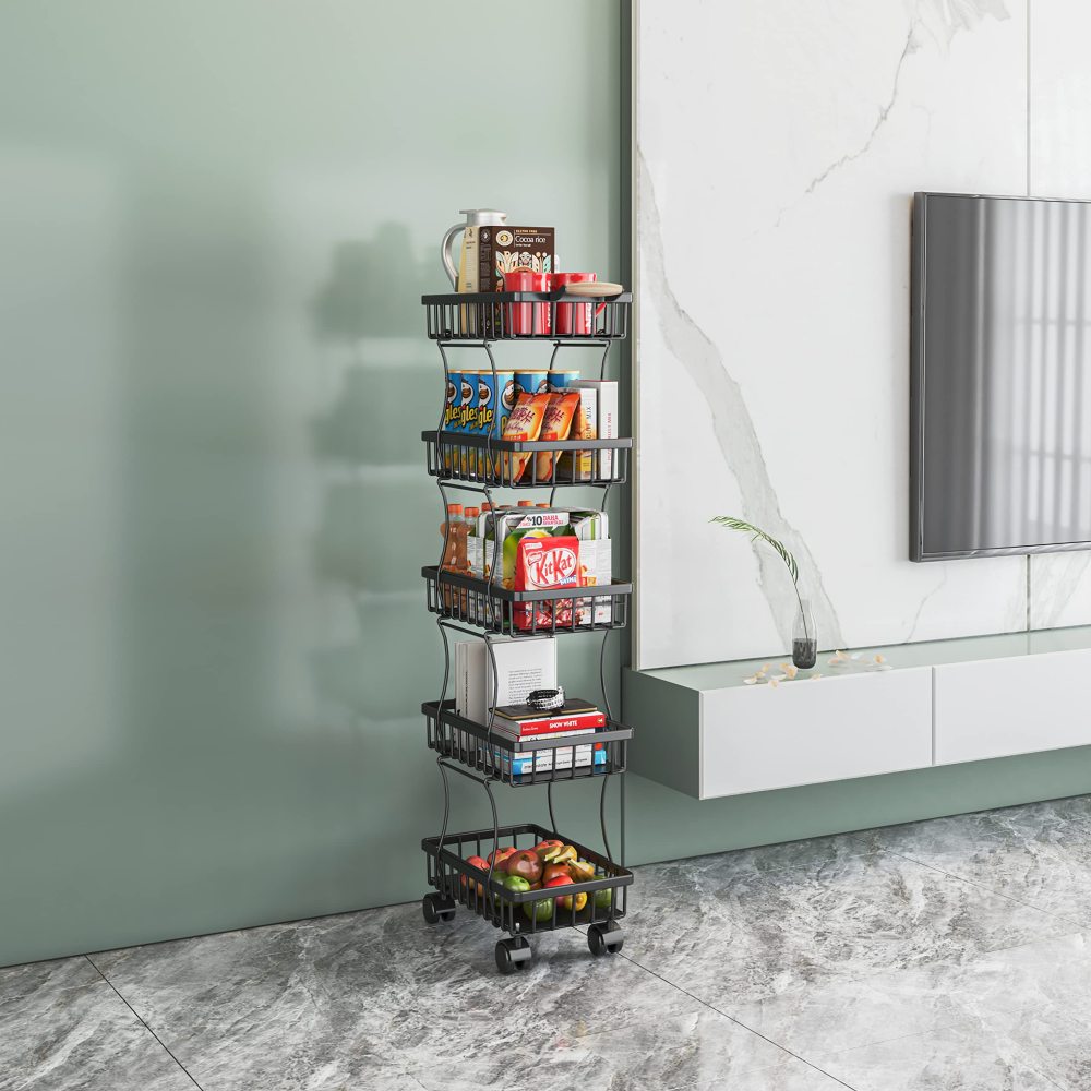 5 Tier Fruit Vegetable Basket for Kitchen, Fruit Vegetable Storage Cart, Vegetable Basket Bins, Wire Storage Basket Organizer Utility Cart with Wheels, Medium, Black