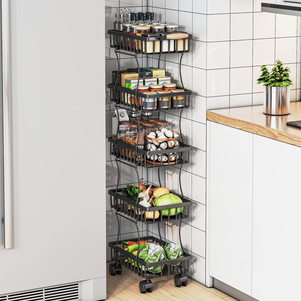 5 Tier Fruit Vegetable Basket for Kitchen, Fruit Vegetable Storage Cart, Vegetable Basket Bins, Wire Storage Basket Organizer Utility Cart with Wheels, Medium, Black