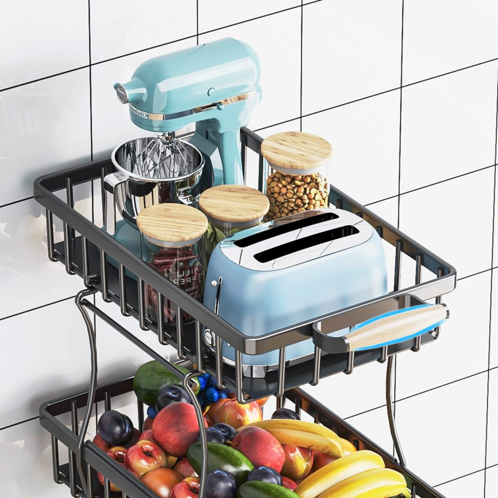 5 Tier Fruit Vegetable Basket for Kitchen, Fruit Vegetable Storage Cart, Vegetable Basket Bins, Wire Storage Basket Organizer Utility Cart with Wheels, Medium, Black
