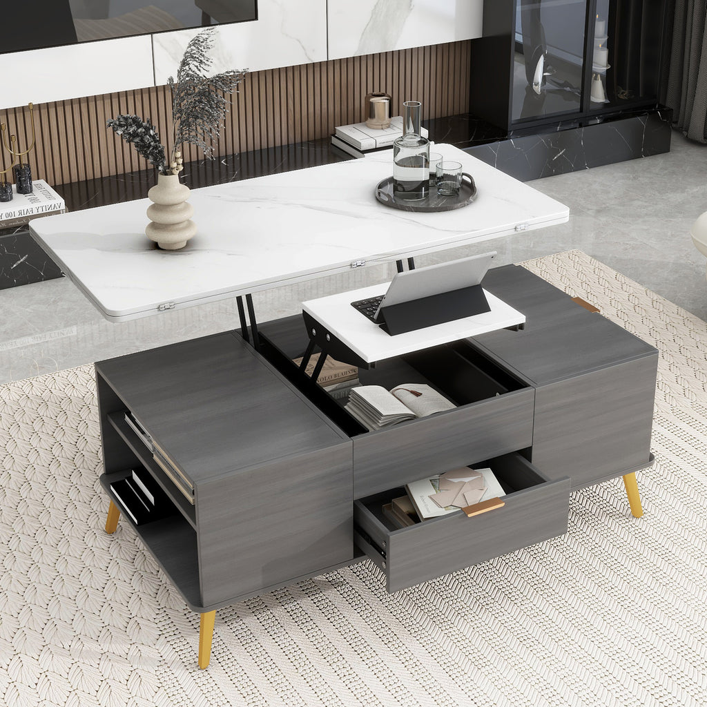 Modern Lift Top Coffee Table Multi Functional Table with Drawers in Gray &amp; White