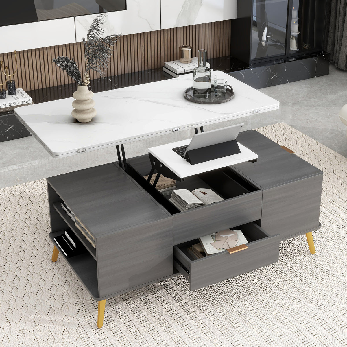 Modern Lift Top Coffee Table Multi Functional Table with Drawers in Gray &amp; White