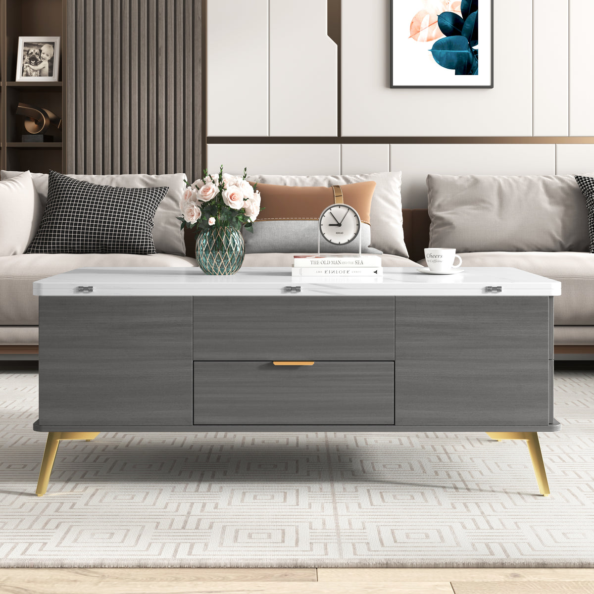 Modern Lift Top Coffee Table Multi Functional Table with Drawers in Gray &amp; White
