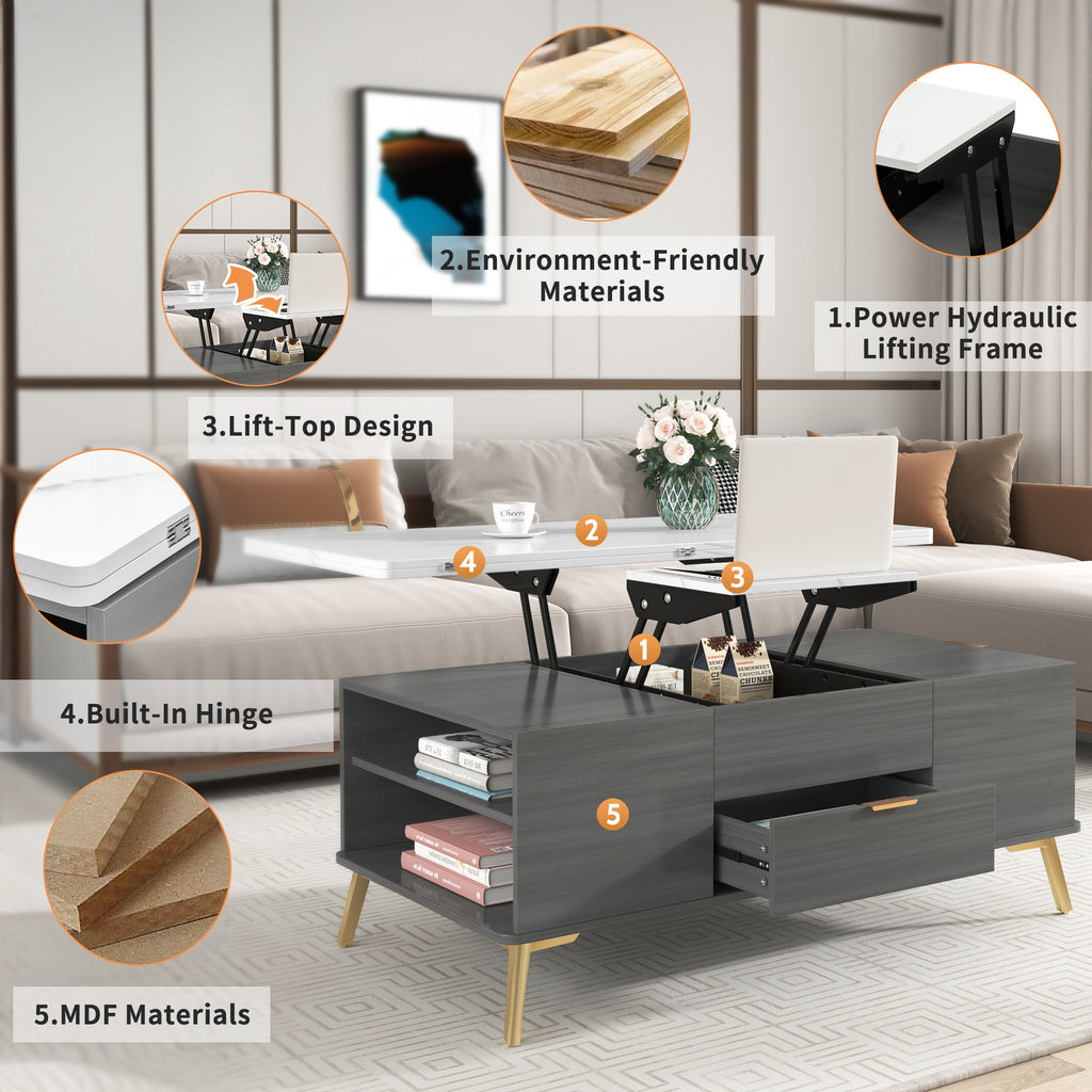 Modern Lift Top Coffee Table Multi Functional Table with Drawers in Gray &amp; White