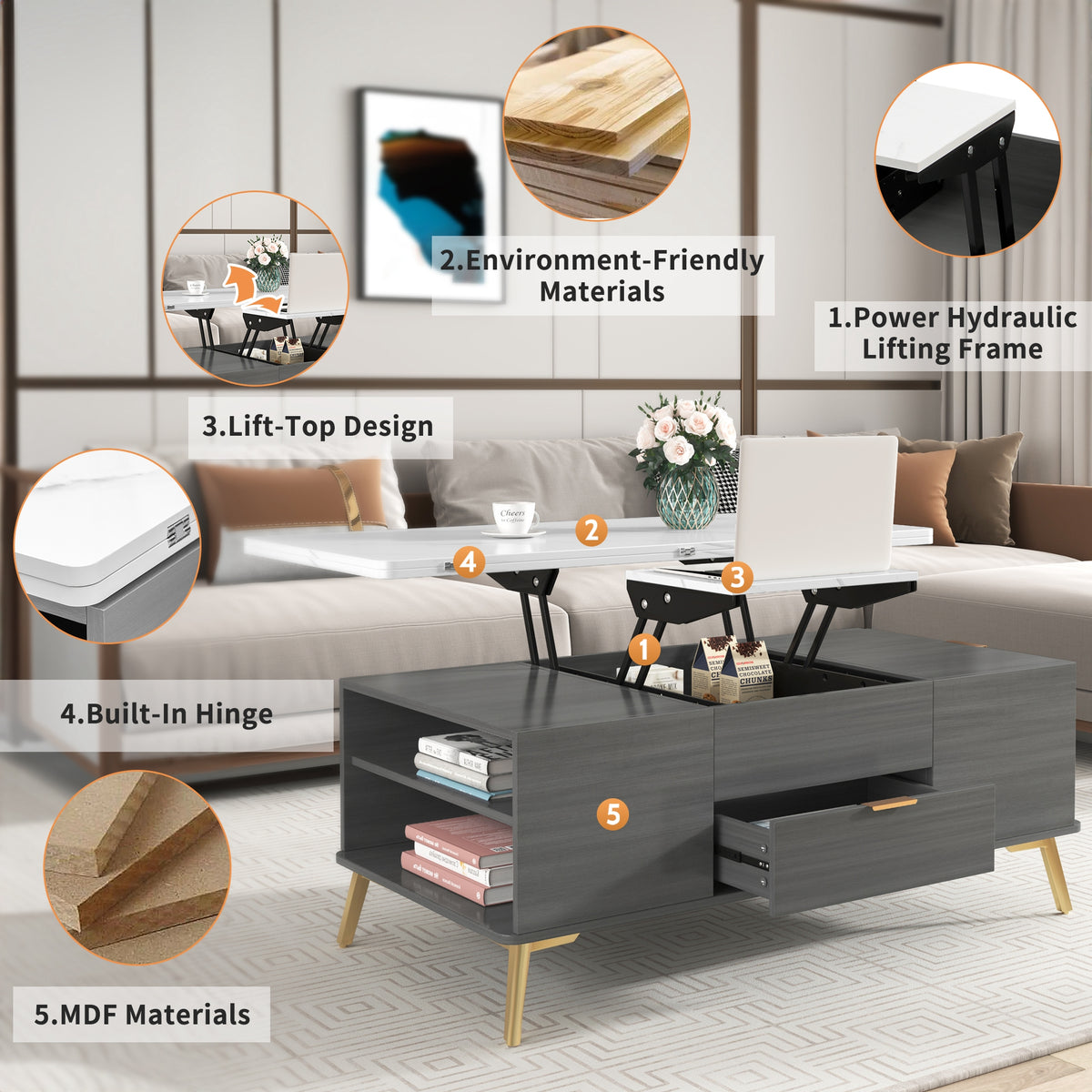 Modern Lift Top Coffee Table Multi Functional Table with Drawers in Gray &amp; White