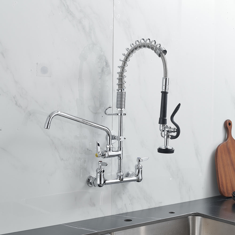 Commercial Kitchen Faucet Deck Mount with Pre-Rinse Sprayer 21" Height Kitchen Sink Faucet 8 Inch Center with 10" Add-on Swing Spout Faucet &amp; Coiled Spring Pull Down Spray