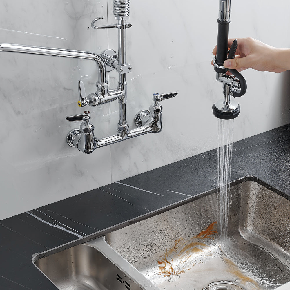 Commercial Kitchen Faucet Deck Mount with Pre-Rinse Sprayer 21" Height Kitchen Sink Faucet 8 Inch Center with 10" Add-on Swing Spout Faucet &amp; Coiled Spring Pull Down Spray