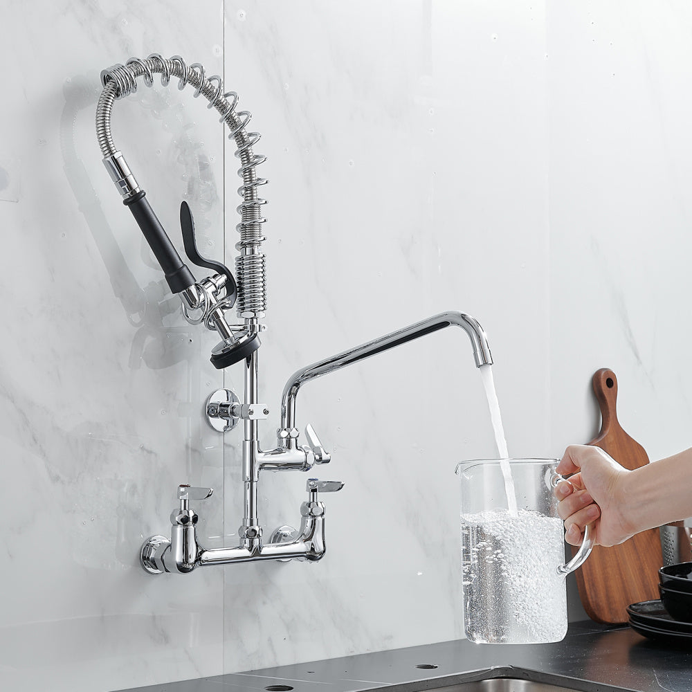 Commercial Kitchen Faucet Deck Mount with Pre-Rinse Sprayer 21" Height Kitchen Sink Faucet 8 Inch Center with 10" Add-on Swing Spout Faucet &amp; Coiled Spring Pull Down Spray