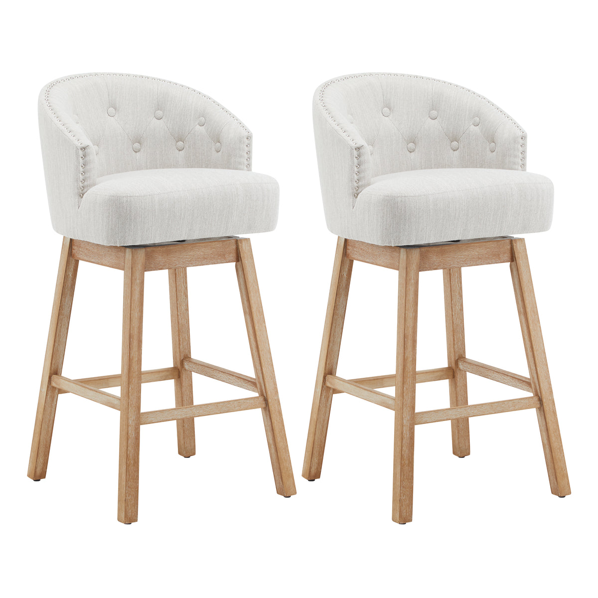 33.25" Swivel Counter Stools Set of 2, Upholstered Counter Height Bar Stools with Solid Rubber Wood Frame, Backrest, Footrest, Armless Barstools for Home Bar, Kitchen Counter, Natural + Beige