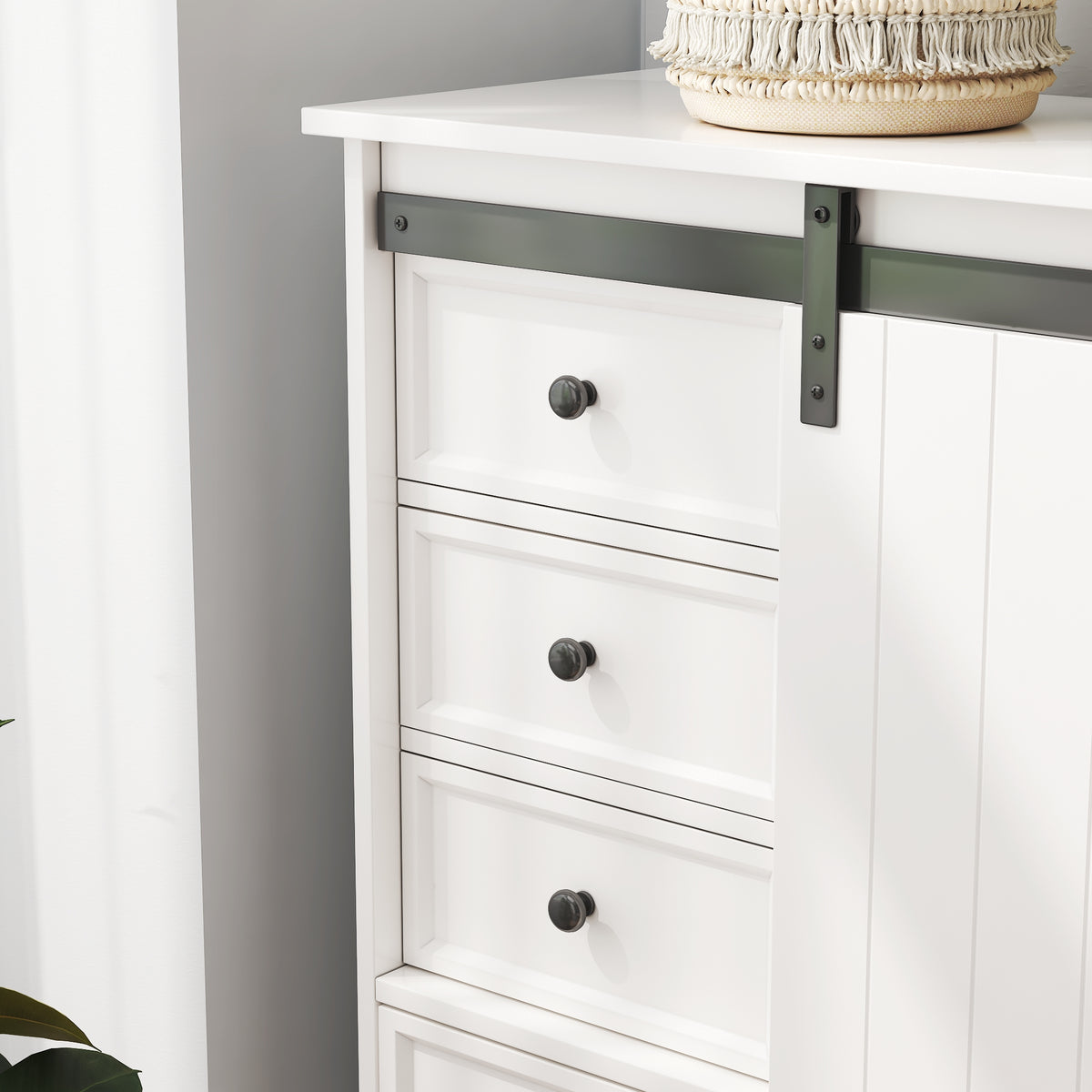 51'' Farmhouse Drawer Chest with Sliding Door, Multi-Storage Drawer Dresser with 5 Drawers and Storage Shelf, Tall Chest of Drawers with Adjustable Shelves for Bedroom, Living room