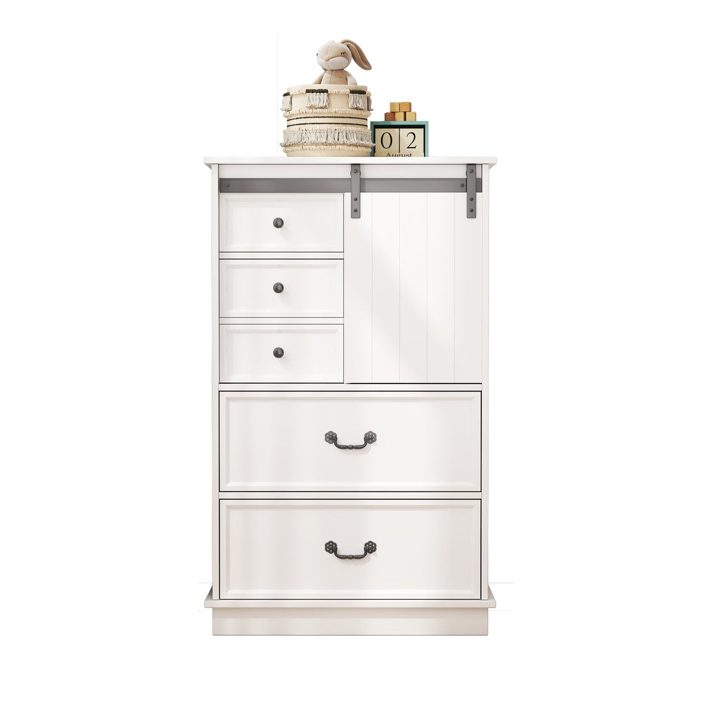 51'' Farmhouse Drawer Chest with Sliding Door, Multi-Storage Drawer Dresser with 5 Drawers and Storage Shelf, Tall Chest of Drawers with Adjustable Shelves for Bedroom, Living room