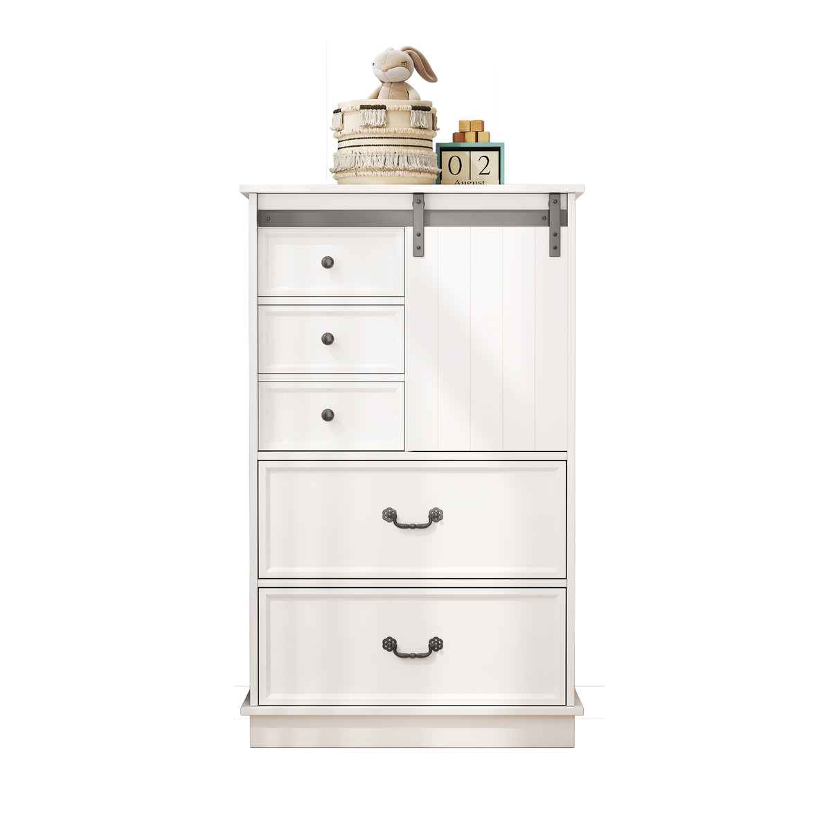 51'' Farmhouse Drawer Chest with Sliding Door, Multi-Storage Drawer Dresser with 5 Drawers and Storage Shelf, Tall Chest of Drawers with Adjustable Shelves for Bedroom, Living room