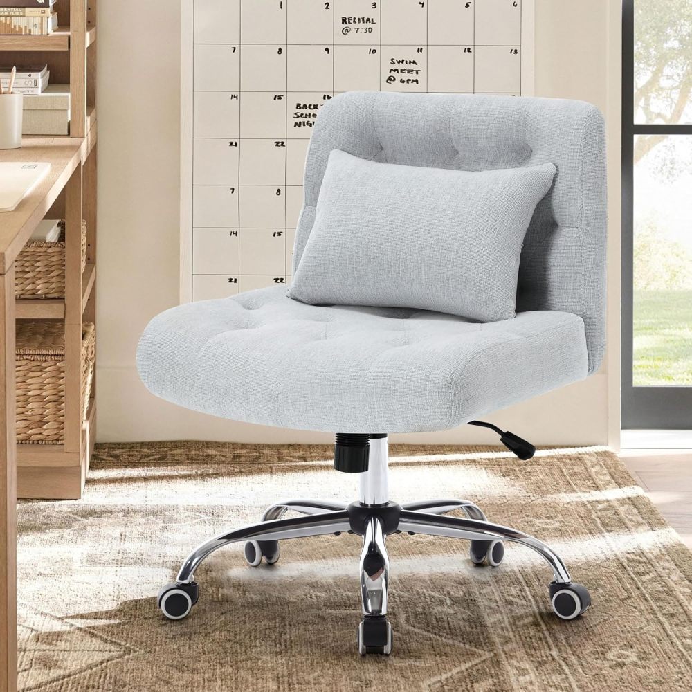 Armless Fabric Office Desk Chair with Wheels, Criss Cross Legged Wide Seat Chair, Modern Home Office Chair with Lumbar Pillow, Comfy Computer Task Chair for Small Space, Vanity Chair for Women, Girls
