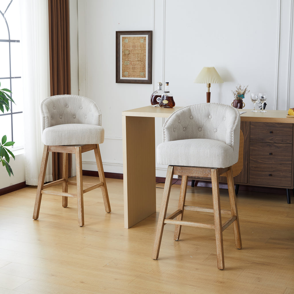 33.25" Swivel Counter Stools Set of 2, Upholstered Counter Height Bar Stools with Solid Rubber Wood Frame, Backrest, Footrest, Armless Barstools for Home Bar, Kitchen Counter, Natural + Beige