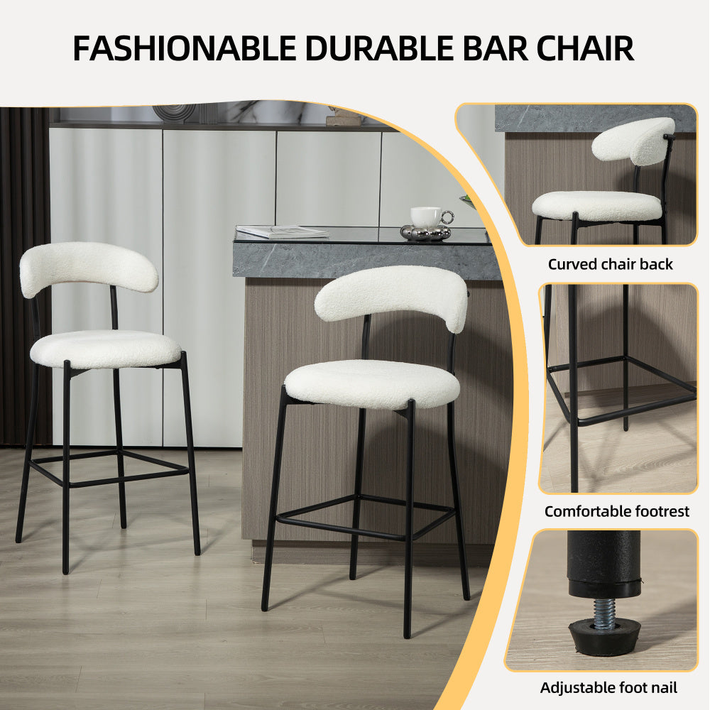 26'' Counter height bar stools Teddy fabric cover kitchen island counter bar stool with black powder coating base and footrest(Snow)