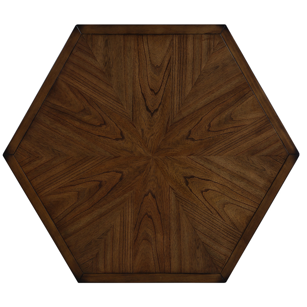 2 Tier Retro Hexagon Living Room Solid Wood Coffee Table with Shelf &amp; Drawer, 36'' Mid-Century Center Coffee Table for Living Room, Office. Cherry