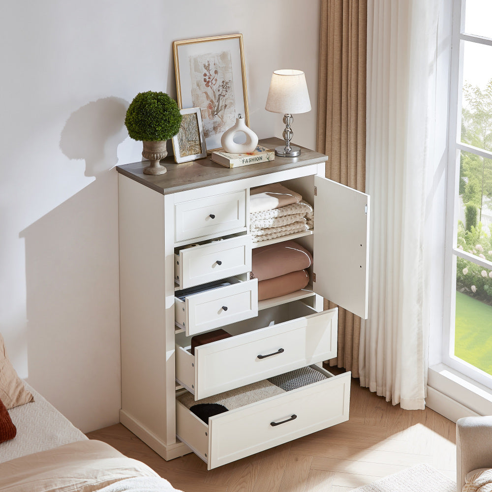 Farmhouse 5 Drawer Dresser for Bedroom, Tall Chest of Drawers, Chest of Drawers Organizer Storage,Wood Rustic Bedroom Dresser for Closet, Living Room, Hallway, White.