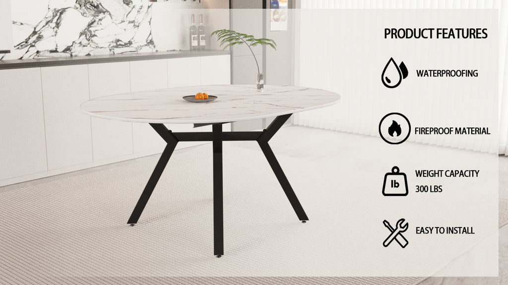 47-63 " extendable white circular dining table, 4-6 person kitchen dining table, modern coffee table with MDF tabletop and metal legs, suitable for kitchen&amp;home