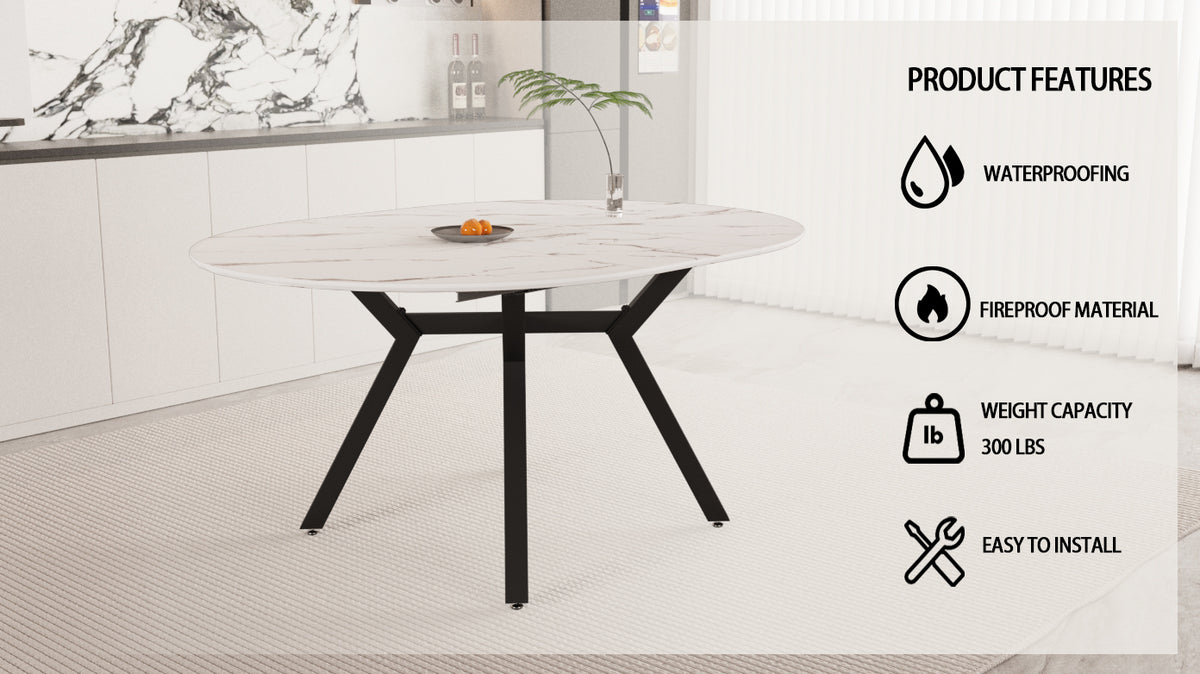 47-63 " extendable white circular dining table, 4-6 person kitchen dining table, modern coffee table with MDF tabletop and metal legs, suitable for kitchen&amp;home