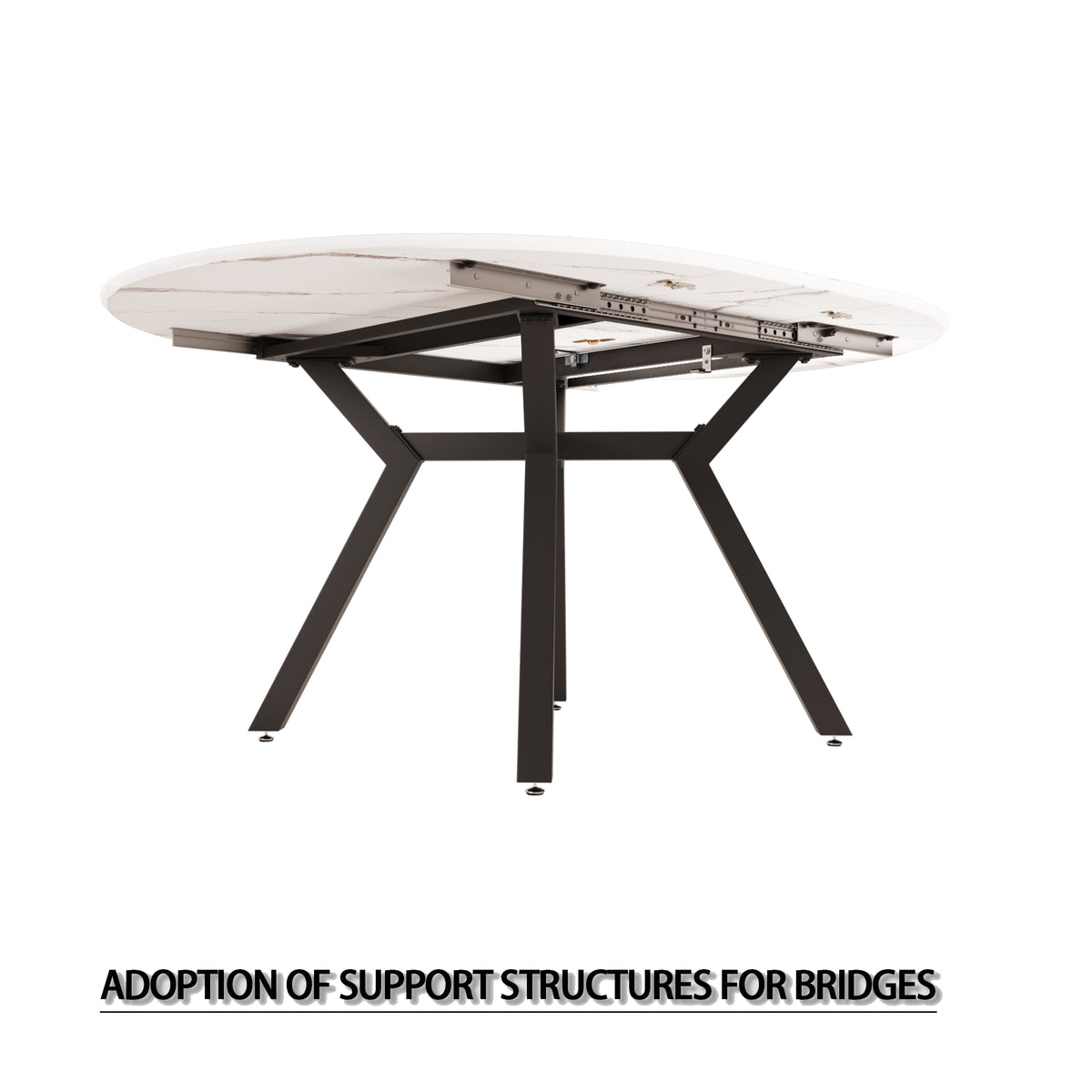 47-63 " extendable white circular dining table, 4-6 person kitchen dining table, modern coffee table with MDF tabletop and metal legs, suitable for kitchen&amp;home