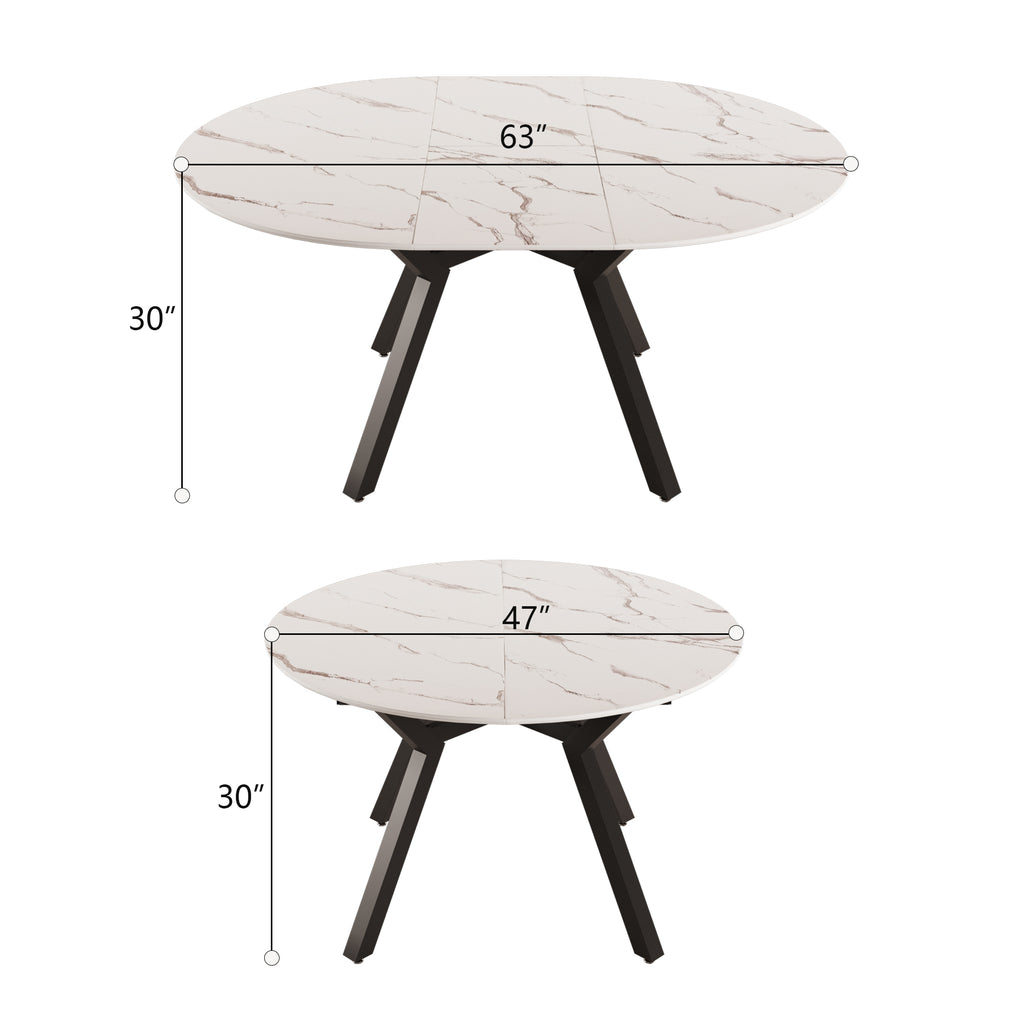 47-63 " extendable white circular dining table, 4-6 person kitchen dining table, modern coffee table with MDF tabletop and metal legs, suitable for kitchen&amp;home