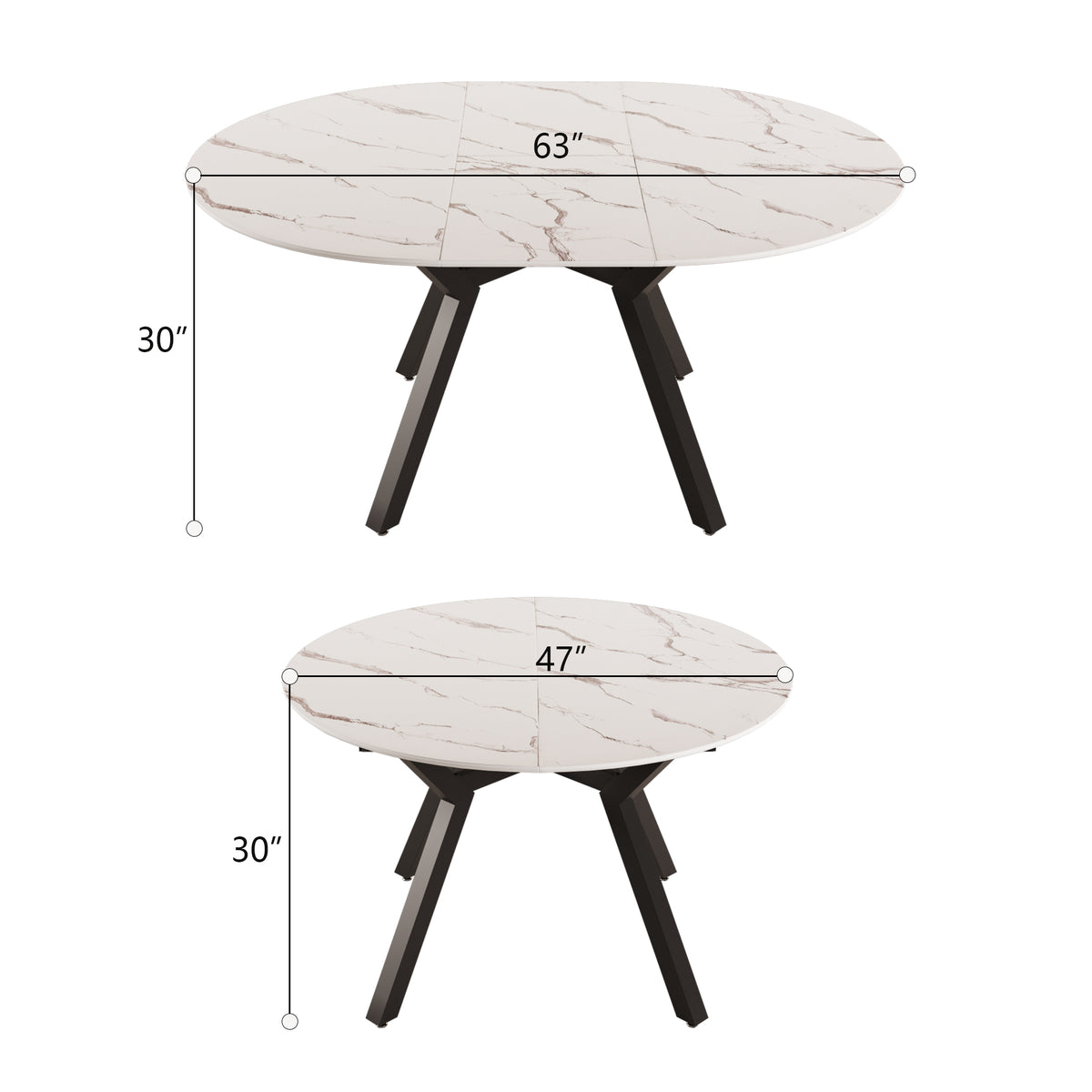 47-63 " extendable white circular dining table, 4-6 person kitchen dining table, modern coffee table with MDF tabletop and metal legs, suitable for kitchen&amp;home