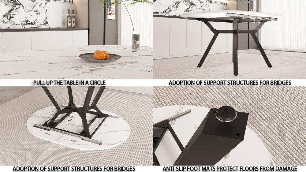 47-63 " extendable white circular dining table, 4-6 person kitchen dining table, modern coffee table with MDF tabletop and metal legs, suitable for kitchen&amp;home