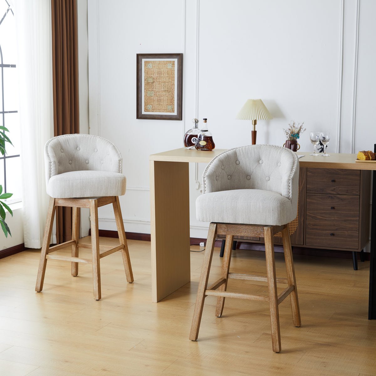 33.25" Swivel Counter Stools Set of 2, Upholstered Counter Height Bar Stools with Solid Rubber Wood Frame, Backrest, Footrest, Armless Barstools for Home Bar, Kitchen Counter, Natural + Beige