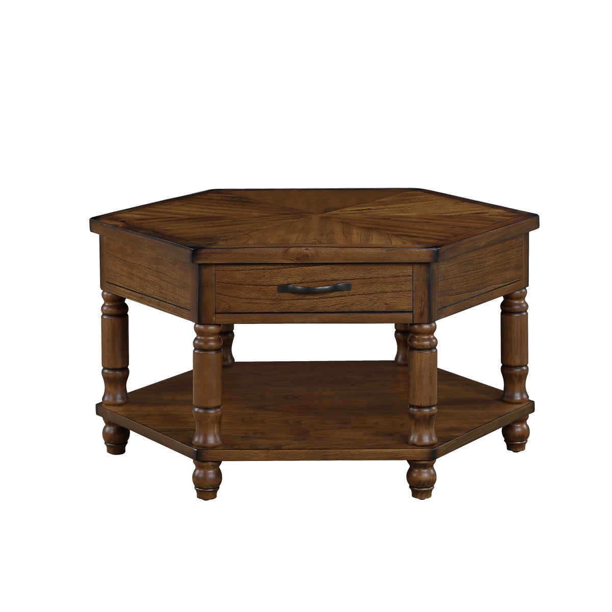 2 Tier Retro Hexagon Living Room Solid Wood Coffee Table with Shelf &amp; Drawer, 36'' Mid-Century Center Coffee Table for Living Room, Office. Cherry