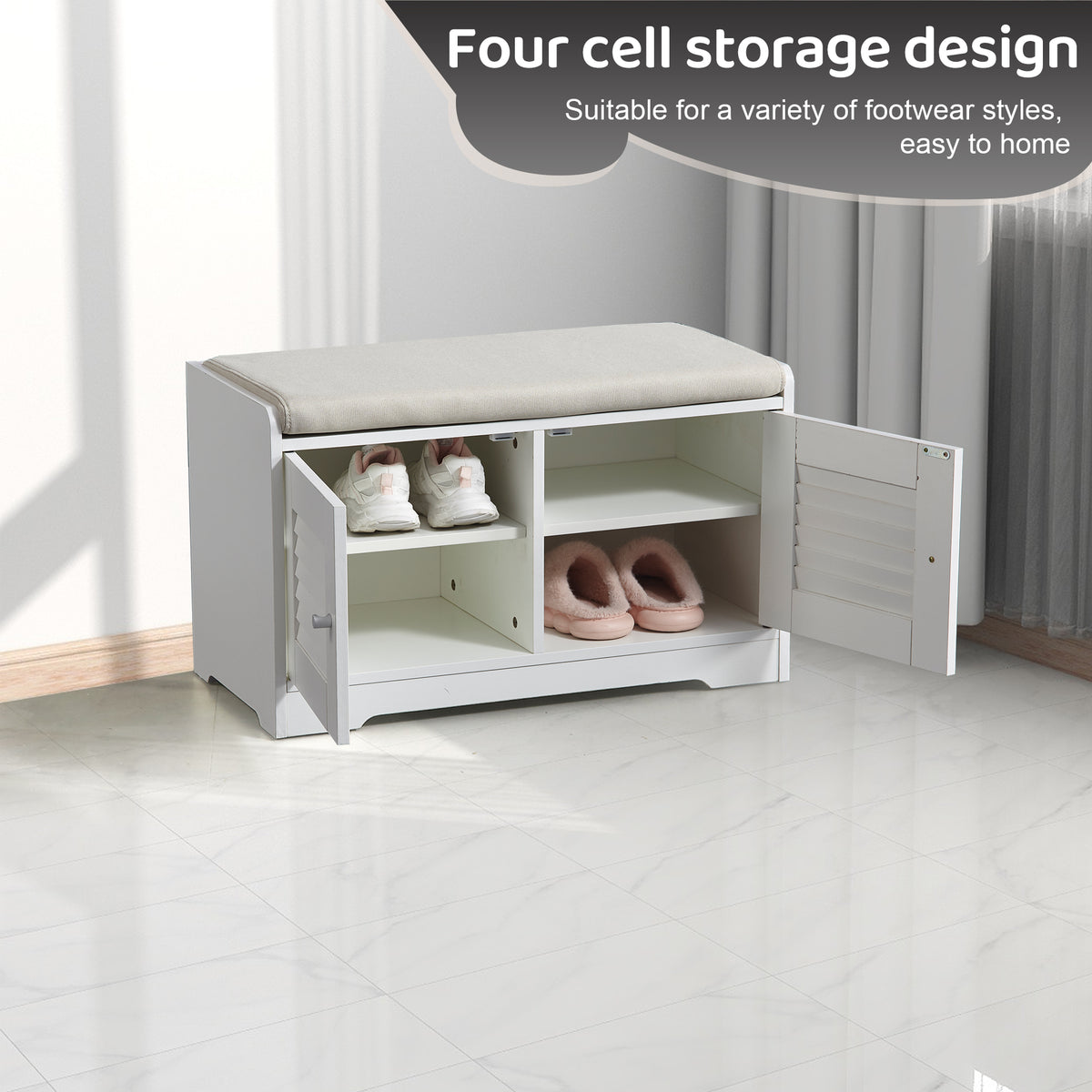 28.74"Shoe Storage Bench with 2 Door Cabinet, Entryway Bench with  White Shoe Storage, Shoe Bench with Cushion, Adjustable Shelves, Shoe Rack Bench for Entryway, Hallway