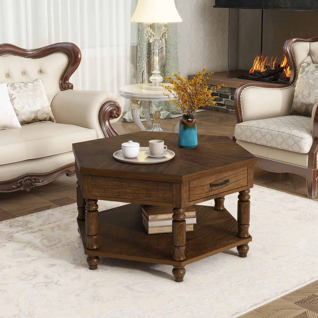 2 Tier Retro Hexagon Living Room Solid Wood Coffee Table with Shelf &amp; Drawer, 36'' Mid-Century Center Coffee Table for Living Room, Office. Cherry
