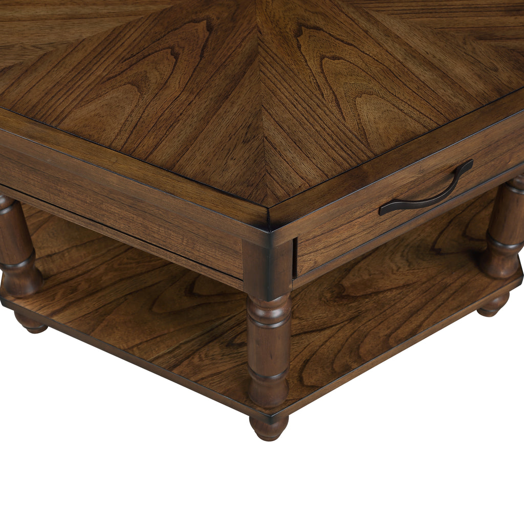 2 Tier Retro Hexagon Living Room Solid Wood Coffee Table with Shelf &amp; Drawer, 36'' Mid-Century Center Coffee Table for Living Room, Office. Cherry