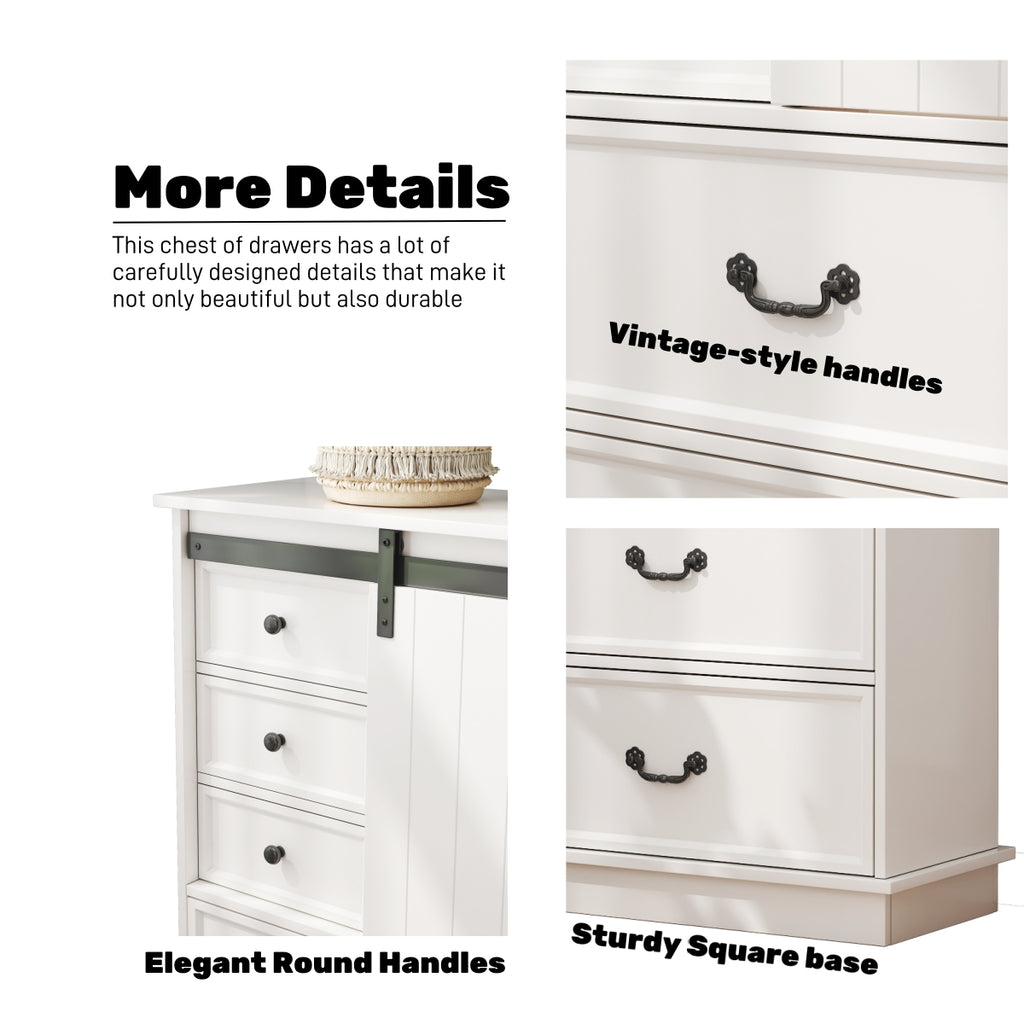51'' Farmhouse Drawer Chest with Sliding Door, Multi-Storage Drawer Dresser with 5 Drawers and Storage Shelf, Tall Chest of Drawers with Adjustable Shelves for Bedroom, Living room