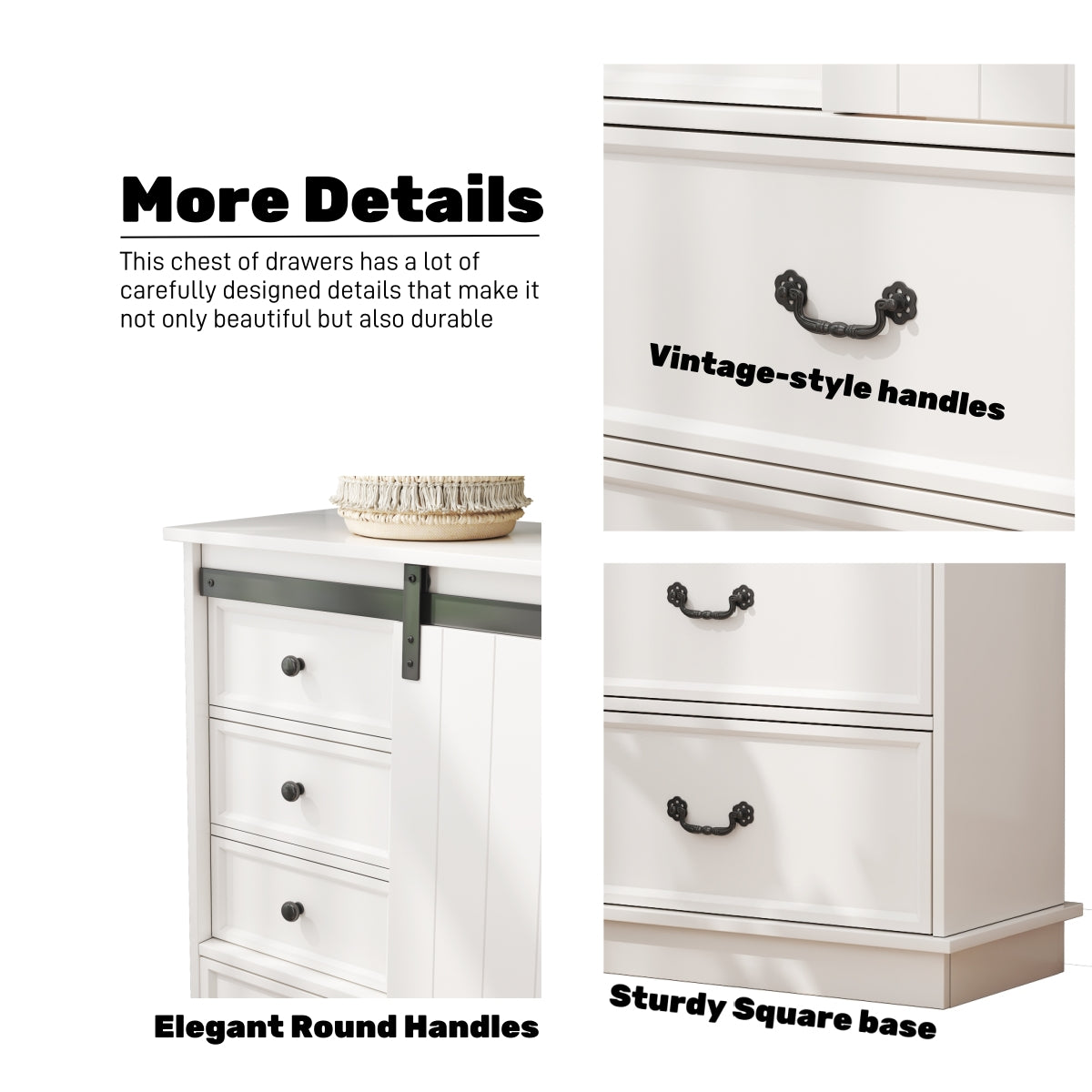 51'' Farmhouse Drawer Chest with Sliding Door, Multi-Storage Drawer Dresser with 5 Drawers and Storage Shelf, Tall Chest of Drawers with Adjustable Shelves for Bedroom, Living room