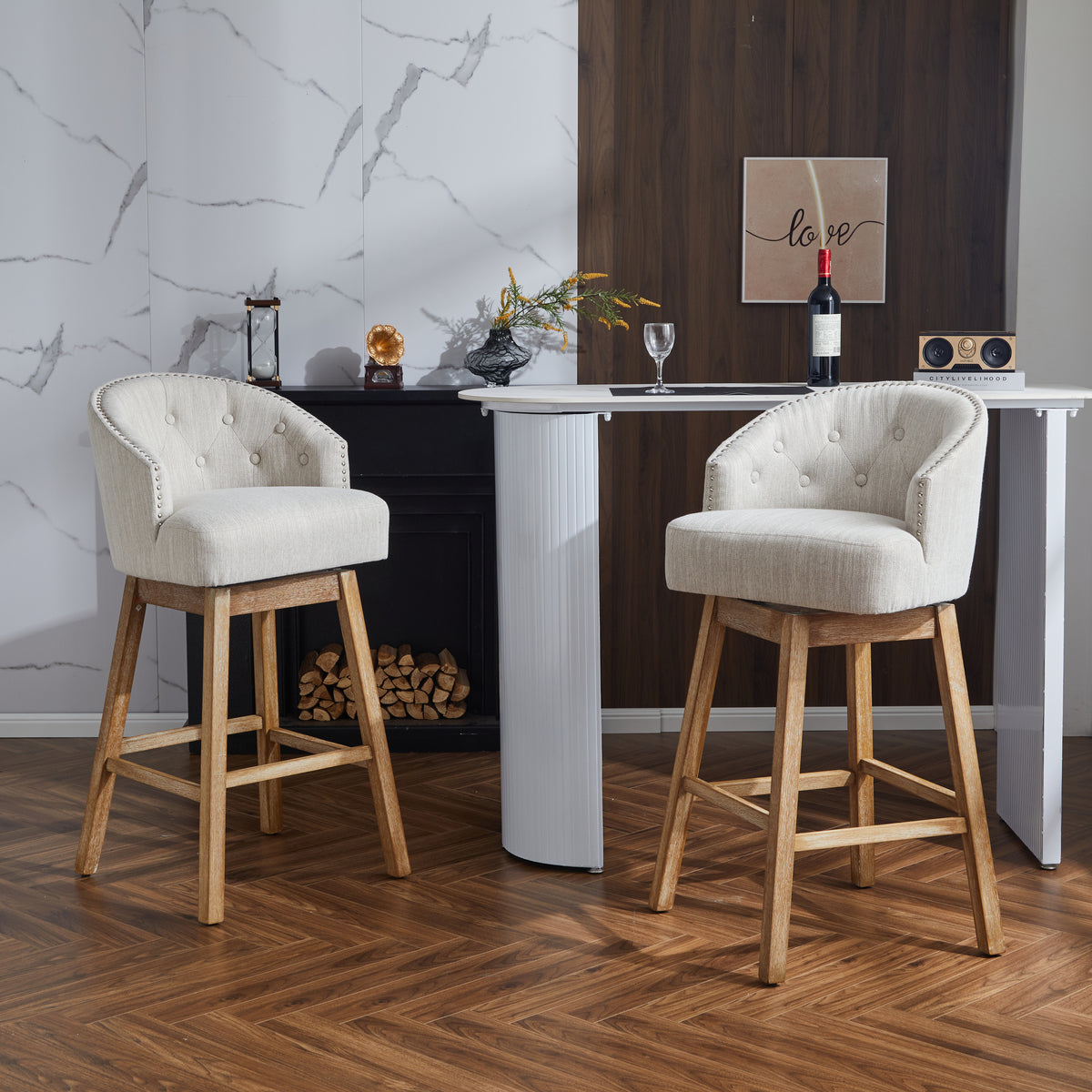 33.25" Swivel Counter Stools Set of 2, Upholstered Counter Height Bar Stools with Solid Rubber Wood Frame, Backrest, Footrest, Armless Barstools for Home Bar, Kitchen Counter, Natural + Beige