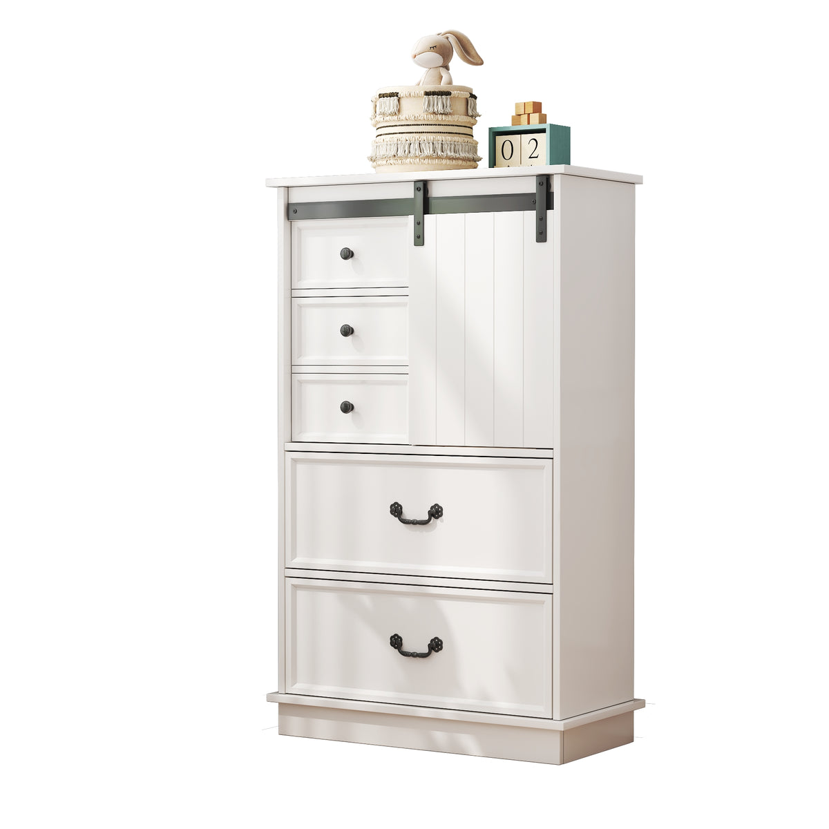 51'' Farmhouse Drawer Chest with Sliding Door, Multi-Storage Drawer Dresser with 5 Drawers and Storage Shelf, Tall Chest of Drawers with Adjustable Shelves for Bedroom, Living room