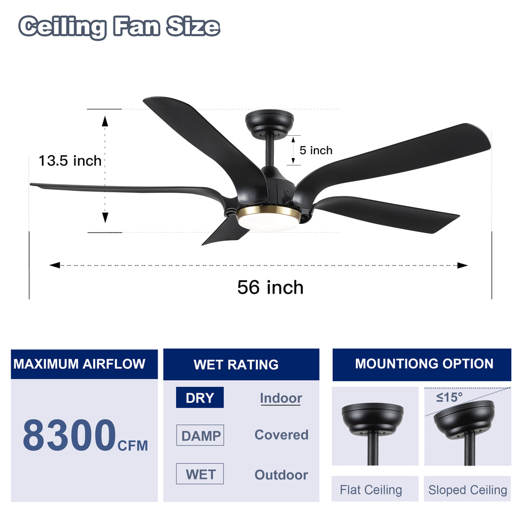 Smart 56" Integrated LED Ceiling Fan with  Antique Black Blades in Matte Black Fan Body Finish