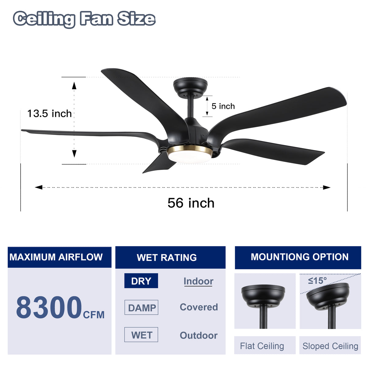 Smart 56" Integrated LED Ceiling Fan with  Antique Black Blades in Matte Black Fan Body Finish